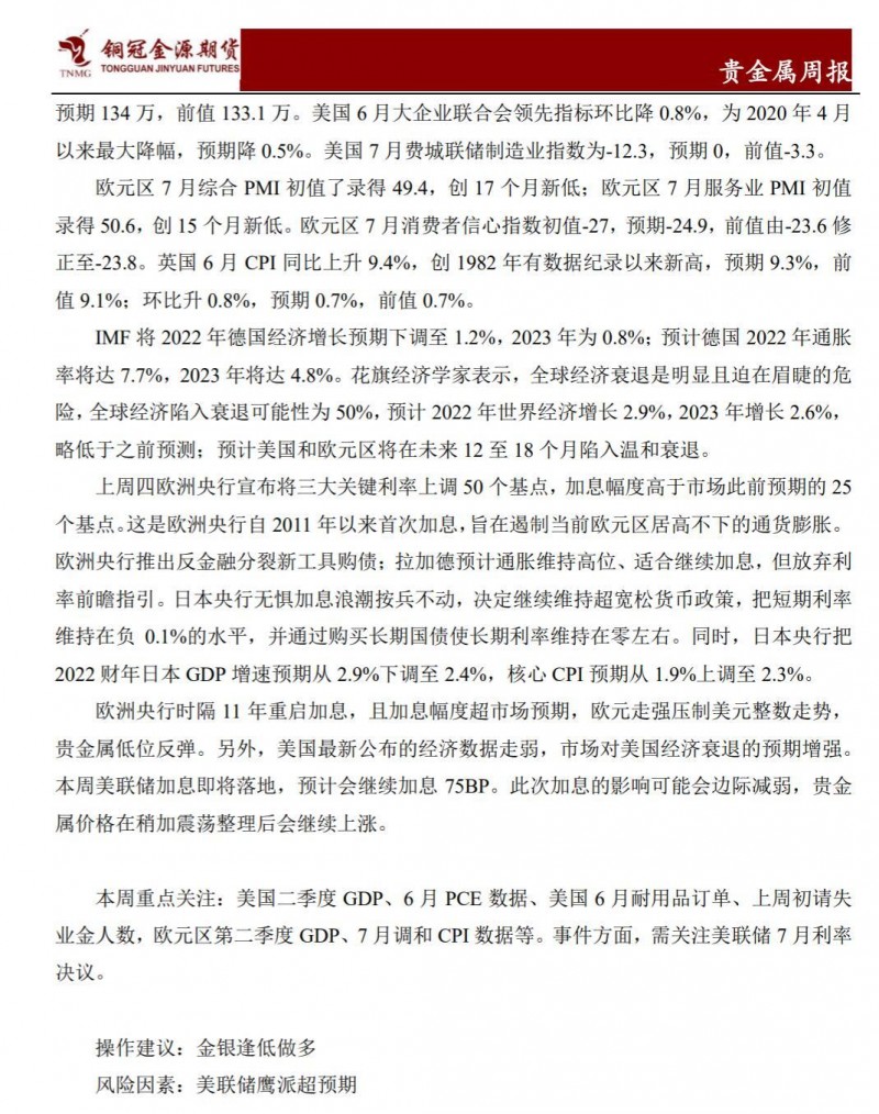 铜冠金源期货贵金属20220725：美联储加息即将落地，金银有望从低位上涨