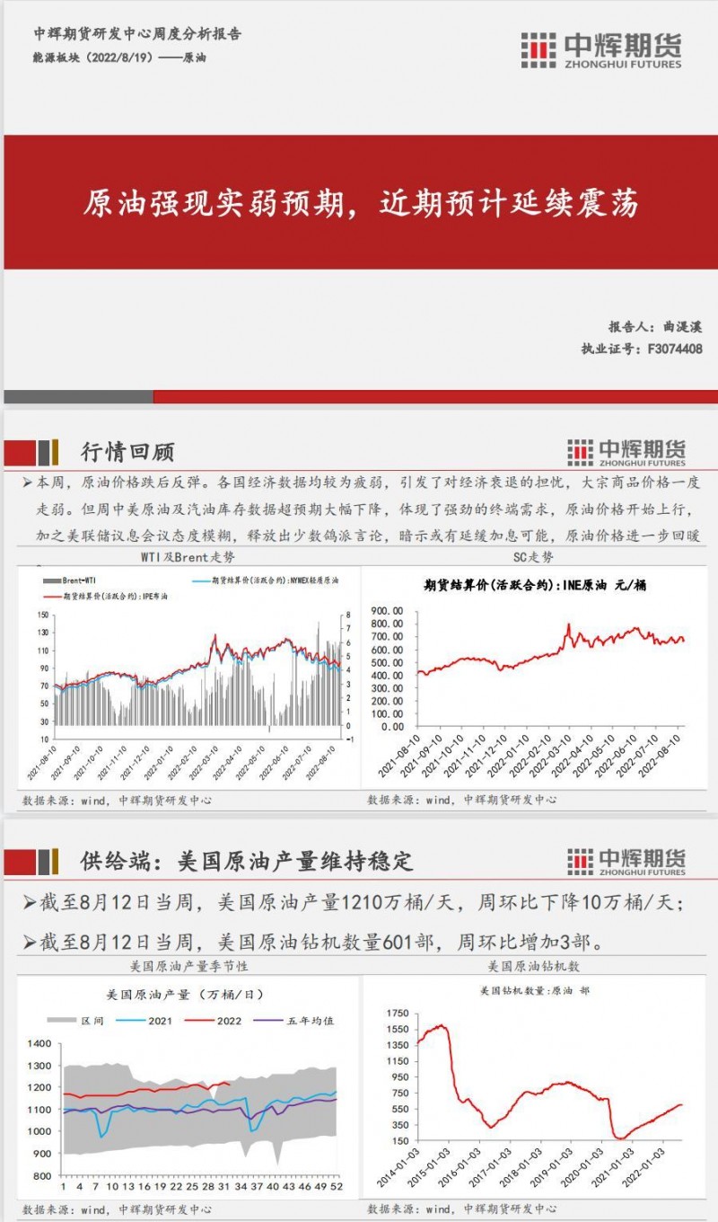 中辉期货原油周报：原油强现实弱预期，近期预计延续震荡