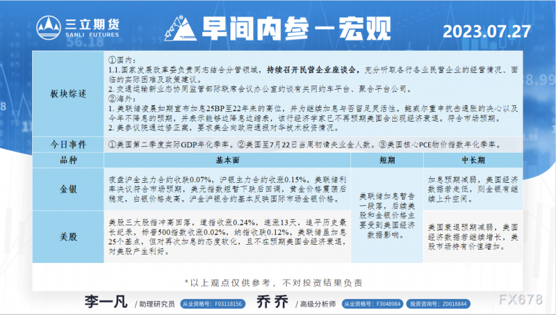 三立期货7月27日早间内参——宏观