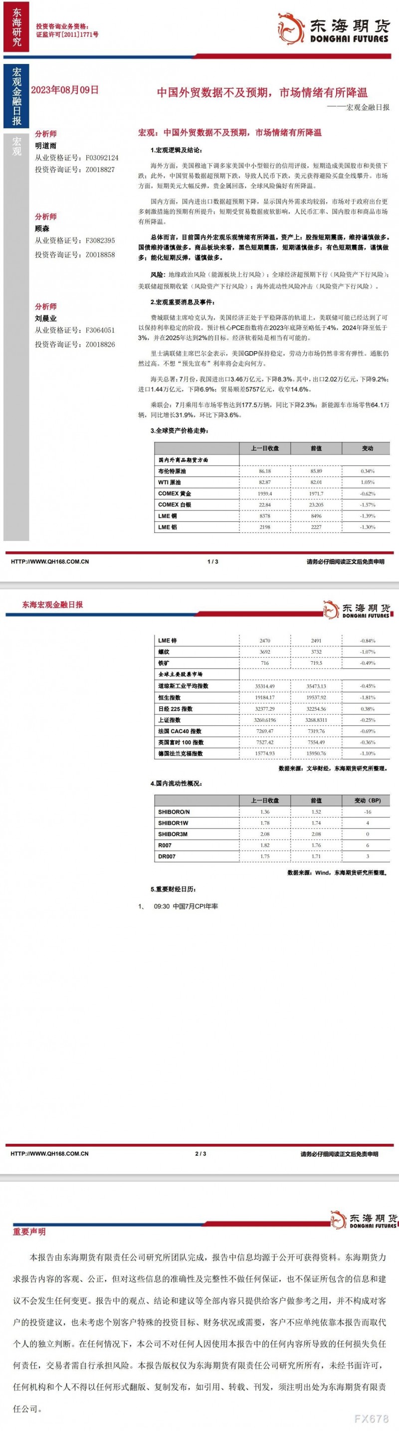 【东海期货8月9日宏观金融日报】：中国外贸数据不及预期，市场情绪有所降温