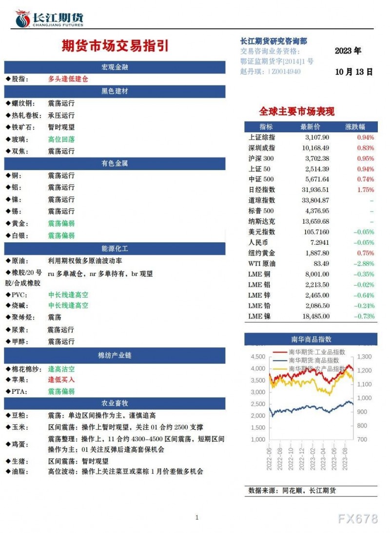 长江期货10月13日期货市场交易指引