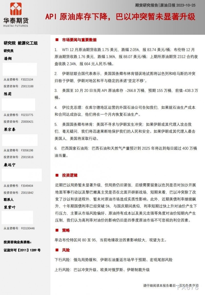 华泰期货10月25日原油日报：API 原油库存下降，巴以冲突暂未显著升级