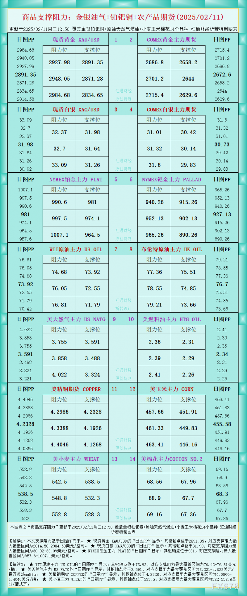 一张图看商品支撑阻力：金银油气+铂钯铜农产品期货(2025/02/11)